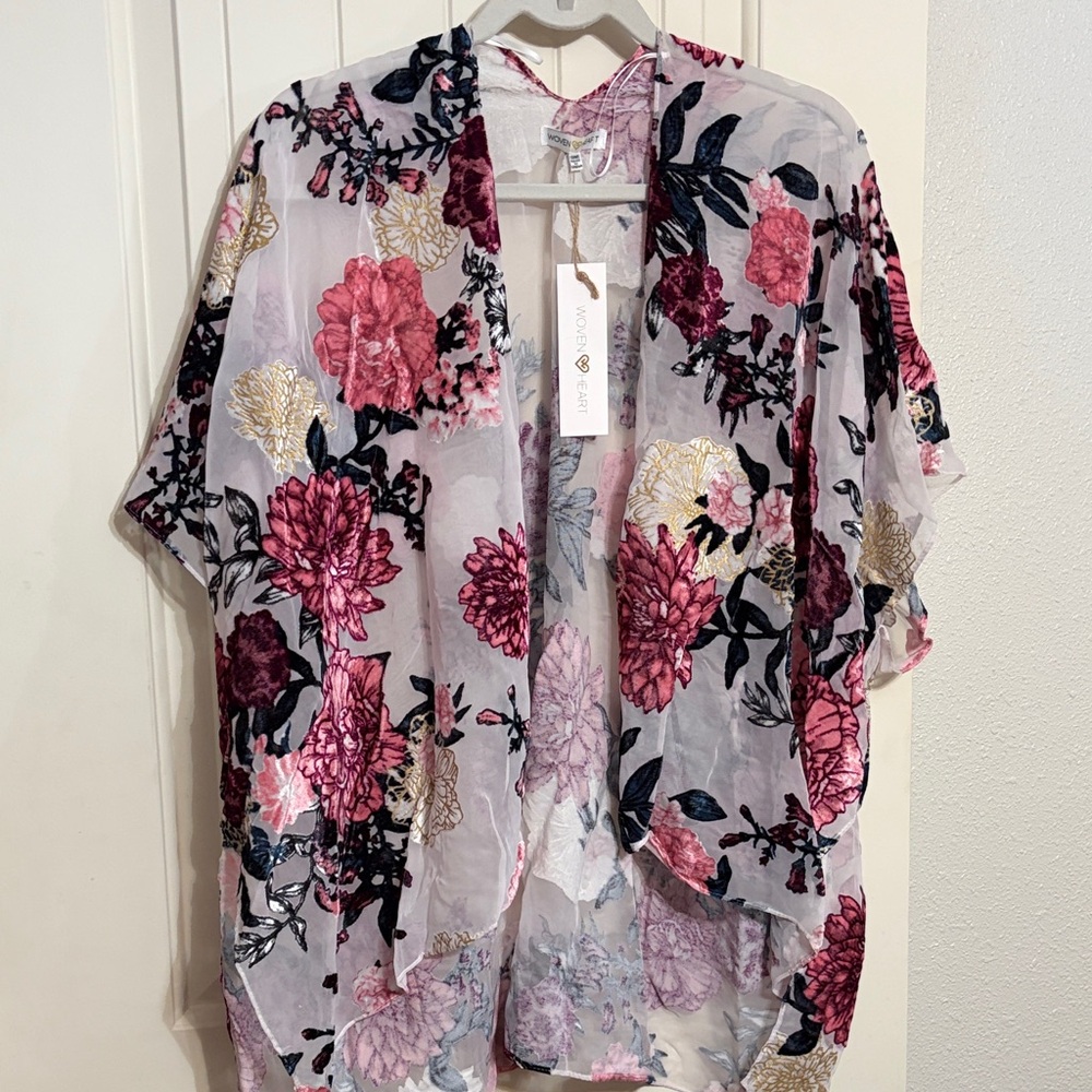 Woven Heart Sheer Floral Kimono - Pink & Gold Accents size OS NWT